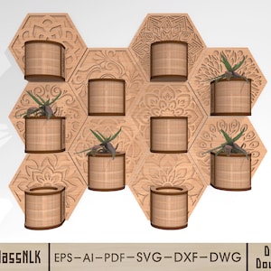May include: Wooden wall-mounted planter with a honeycomb design. The planter features nine hexagonal shelves with carved floral patterns. Each shelf holds a cylindrical woven basket with a small plant. The overall color scheme is light brown.