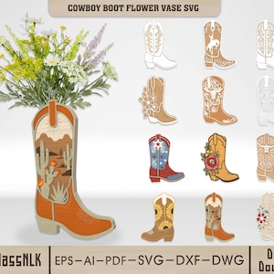 Paquete de archivos SVG de jarrón con forma de bota de vaquero, archivo de corte láser para maceta floral con forma de bota del desierto occidental, archivo SVG de decoración rústica campestre para Glowforge.