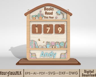 Tracker dei libri letti quest'anno in formato SVG, cartello da bancone per la lettura personalizzato, grazioso registro dei libri in legno, file tagliati al laser per Glowforge