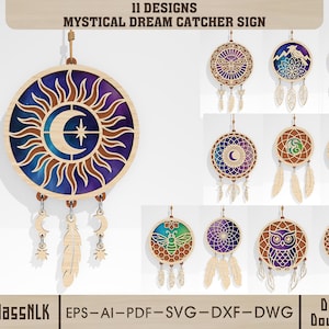 May include: A collection of eleven mystical dream catcher designs. The main dream catcher features a sun and moon design with a blue and purple background. Other designs include a wolf, owl, and bee. The text "11 DESIGNS MYSTICAL DREAM CATCHER SIGN" is at the top.