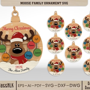 Puede incluir: Adorno navideño de madera con un reno con gorro y bufanda de Papá Noel, con el texto "Merry Christmas" y nombres de familia en bolas de colores. También se incluye el año 2026 y el nombre de la familia. La imagen también muestra varios adornos.