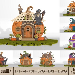 Paquete de archivos SVG de casa de calabaza de Halloween, archivo de corte láser de cabaña embrujada espeluznante, decoración de Halloween multicapa, descarga digital.