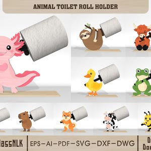 Könnte beinhalten: Eine Sammlung von Toilettenpapierhaltern mit Tiermotiven. Die Designs umfassen einen Axolotl, ein Faultier, ein Hochlandrind, eine Ente, einen Frosch, einen Pinguin, ein Capybara, einen Shiba Inu, eine Kuh und eine Biene. Jeder Halter ist eine farbenfrohe, cartoonartige Figur, die eine Toilettenpapierrolle hält.