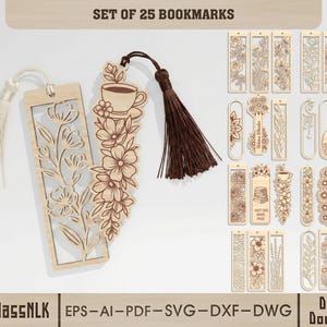 Könnte beinhalten: Ein Set von 25 Lesezeichen aus Holz mit verschiedenen Designs. Einige Lesezeichen haben Blumenausschnitte, andere Kaffeetassen, Bücherstapel und Blumenmuster. Die Lesezeichen haben Quasten. Der Text "SET OF 25 BOOKMARKS" steht oben.