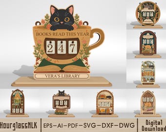 May include: Wooden book counter with a black cat on top, displaying "BOOKS READ THIS YEAR" and the number "247". The design includes floral accents and the text "VERA'S LIBRARY". Additional book-themed counters are also shown.