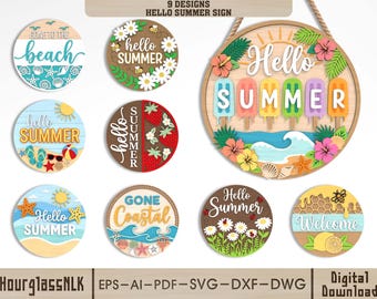 Summer Door Sign SVG Bundle, Hello Summer Beach Sign Laser Cut File, Coastal Round Wooden Decor SVG, Glowforge xTool LightBurn