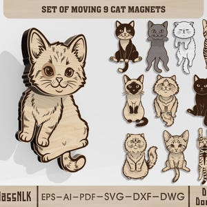May include: A set of nine wooden cat magnets in various poses and colors. The magnets are designed with a light brown wood grain and dark brown outlines. The text "SET OF MOVING 9 CAT MAGNETS" is at the top.