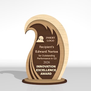 May include: A layered wooden award plaque with a wave-like silhouette. The light wood outer frame surrounds a dark brown center panel featuring a mountain logo, the text INSERT LOGO, Recipient's Edward Norton for Outstanding Performance in Q3 2026 INNOVATION EXCELLENCE AWARD.