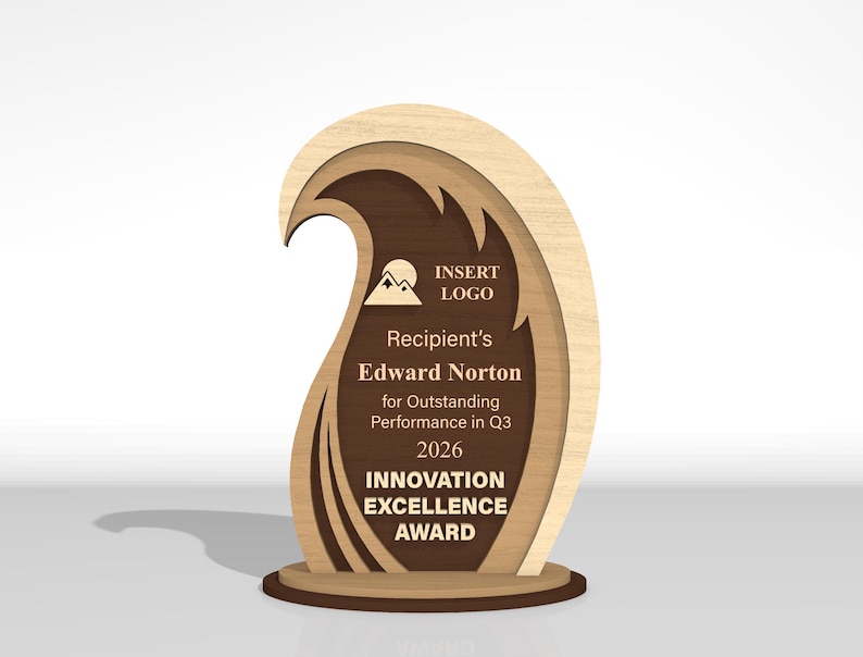 May include: A layered wooden award plaque with a wave-like silhouette. The light wood outer frame surrounds a dark brown center panel featuring a mountain logo, the text INSERT LOGO, Recipient's Edward Norton for Outstanding Performance in Q3 2026 INNOVATION EXCELLENCE AWARD.