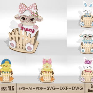 May include: Wooden Easter-themed decorations featuring a sheep, bunny, and chick designs. Each figure is holding a fence and has a name on it. The sheep has a pink bow and glasses. The chick wears a blue cap. The text "HourglassNLK" is visible.