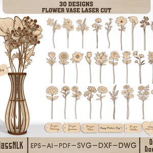 Könnte beinhalten: Eine lasergeschnittene Holzblumenvase mit verschiedenen floralen Designs. Das Bild zeigt eine Vase mit Blumen und einzelnen Blumenausschnitten. Der Text "Happy Mother's Day" befindet sich auf einem Anhänger. Der Text "30 DESIGNS FLOWER VASE LASER CUT" ist ebenfalls vorhanden.
