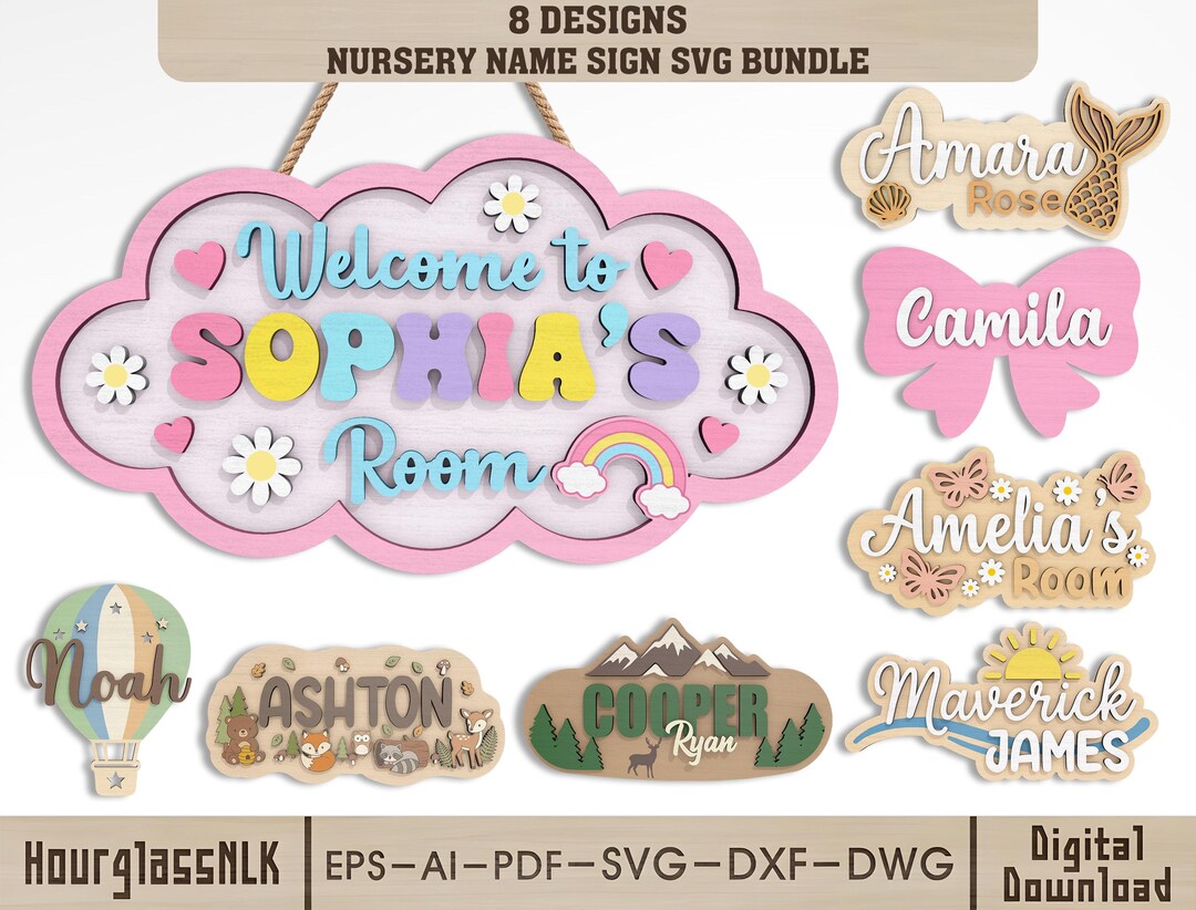Kids Name Sign SVG Bundle, Nursery Door Sign Laser Cut File, Custom ...