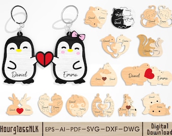 Personalisierte süße Tier Paar Schlüsselbund SVG Bundle, passender Holzschlüsselring mit benutzerdefinierten Namen, Valentinstag & Jubiläumsgeschenk, LaserCut-Dateien