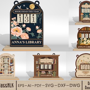 May include: A wooden book counter with the text "BOOKS READ THIS YEAR" and "131". The counter is decorated with floral and botanical designs, and the name "ANNA'S LIBRARY" is displayed at the bottom. The counter is on a wooden base.