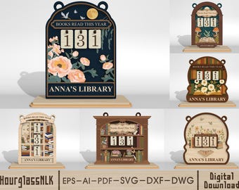 Registro de lectura de libros del año SVG, letrero de madera para mostrador, decoración personalizada con nombre de biblioteca, archivos cortados con láser para Glowforge