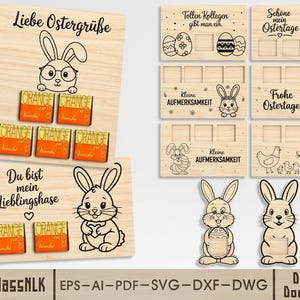 May include: A collection of wooden Easter decorations featuring bunny illustrations and text. The image shows rectangular plaques with spaces for treats, and individual bunny cutouts. The text includes phrases like "Happy Easter" and "Little Attention".