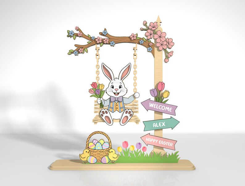 Easter Bunny Swing Laser Cut SVG, Personalized Easter Decor, Wooden ...