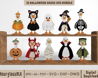 May include: A digital collection titled 12 HALLOWEEN GOOSE SVG BUNDLE by HourglassNLK featuring ten illustrated geese in various costumes including a pumpkin, cat, ghost, witch, skeleton, jack-o'-lantern, devil, mummy, vampire, and Frankenstein's monster.