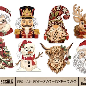 May include: A collection of eight Christmas-themed digital illustrations featuring Mrs Claus, a nutcracker, a gnome, a reindeer, a decorated tree, a snowman, a Highland cow, and Santa Claus. The text HourglassNLK EPS-AI-PDF-SVG-DXF-DWG Digital Download is visible.