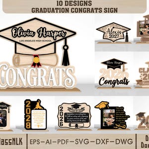 Può includere: Segni di congratulazioni di laurea in legno in vari disegni. Un cartello presenta un tocco e una pergamena con il nome "Olivia Harper" e "Los Angeles High School". Altri cartelli includono "Alexis 2027" e "Class of 2027".