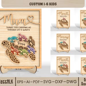 Moeder schildpad familie SVG-bundel, Moederdag lasergesneden bestand, aangepaste kindernaam zeeschildpad houten puzzel teken SVG, Glowforge xTool LightBurn