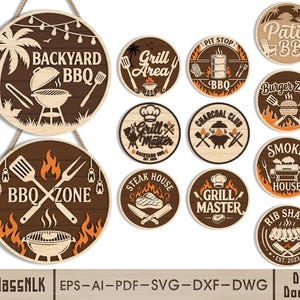 Könnte beinhalten: Eine Sammlung runder Holzschilder für Grillpartys mit verschiedenen Designs und Texten. Die Schilder enthalten Sätze wie "Backyard BBQ", "BBQ Zone", "Grill Master" und "Rib Shack". Jedes Schild zeigt eine andere Grillgrafik.