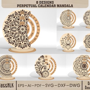 Pode incluir: Um calendário perpétuo mandala de madeira com designs intrincados cortados a laser. O calendário apresenta indicadores de mês e dia em um design circular. A imagem inclui o texto "8 Designs Perpetual Calendar Mandala" e "HourglassNLK".
