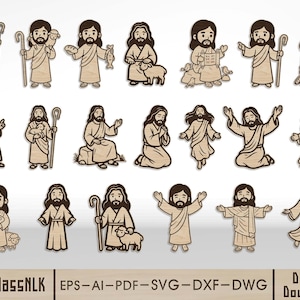 Jesus SVG-paket 20 designer, kristen laserskuren fil, biblisk karaktär i trädesign Glowforge xTool LightBurn