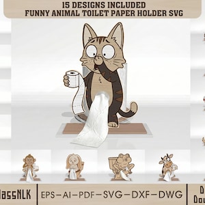 Rolig djur toalettpappershållare SVG-paket, badrum laserskurna filer, katt hund groda ko pappershållare, Glowforge xTool Cricut CNC