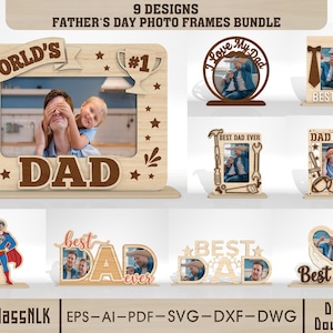 May include: A collection of nine Father's Day photo frame designs. The frames are made of light-colored wood and feature various shapes and text, including "World's Dad," "Best Dad," and "Dad MVP." Some frames have photo inserts.
