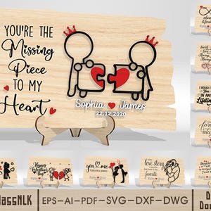 May include: A wooden sign with the text "You're the Missing Piece to My Heart" and two puzzle piece figures. The sign includes the names "Sophia" and "James" with a date. Additional small signs with romantic themes are also shown.