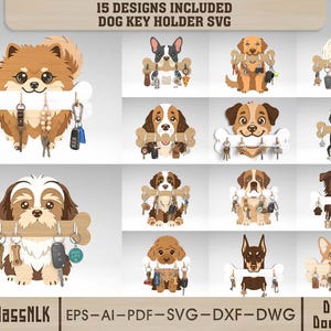 Pode incluir: Uma coleção de 15 porta-chaves com tema de cães. Cada porta-chaves apresenta uma raça de cão diferente segurando um porta-chaves em forma de osso. Os porta-chaves são feitos de madeira e têm várias chaves penduradas. O texto "15 DESIGNS INCLUDED DOG KEY HOLDER SVG" está no topo.
