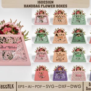 May include: A collection of 16 laser-cut handbag-shaped flower boxes in various colors, each filled with flowers. The boxes feature intricate designs and the text "Best Wishes" on some. The image includes the text "16DESIGN HANDBAG FLOWER BOXES".
