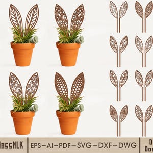 May include: A collection of terracotta pots with green plants and decorative brown metal bunny ear stakes. The stakes feature various cut-out designs. The image also includes individual bunny ear stakes. The text "HourglassNLK" and "Digital Download" are visible.