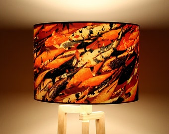 Koi on Crimson Medium Drum Lampshade (30cm) by Lily Greenwood - Table Lamp/Floor Lamp/Standard Lamp/Ceiling Light - Fish - Garden