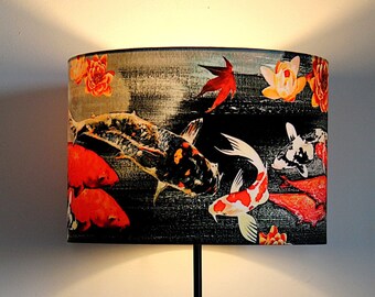 Koi on Black and Grey Medium Drum Lampshade (30cm) by Lily Greenwood - Table Lamp/Floor Lamp/Standard Lamp/Ceiling Light - Fish - Garden