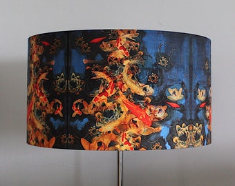 Koi on Cobalt Blue Large Drum Lampshade (45cm) by Lily Greenwood - Table Lamp/Floor Lamp/Standard Lamp/Ceiling Light - Fish - Garden