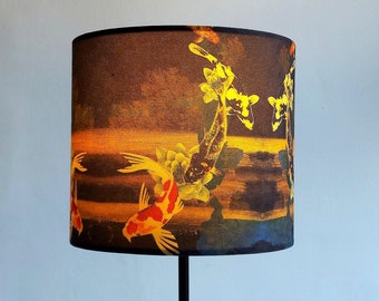 Koi on Black and Gold Small Drum Lampshade (20cm) by Lily Greenwood - For Table Lamp or Ceiling - Autumnal - Fish - Garden