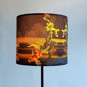 Koi on Black and Gold Small Drum Lampshade (20cm) by Lily Greenwood - For Table Lamp or Ceiling - Autumnal - Fish - Garden