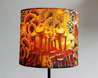 Mushrooms and Fungi Small Drum Lampshade (20cm) by Lily Greenwood - For Table Lamp or Ceiling - Autumnal - Nature - Retro