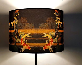 Koi on Black and Gold Medium Drum Lampshade (30cm) by Lily Greenwood - Table Lamp/Floor Lamp/Standard Lamp/Ceiling Light - Fish - Garden