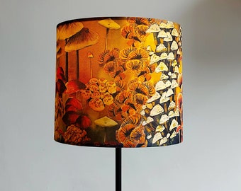 Mushrooms and Fungi Small Drum Lampshade (20cm) by Lily Greenwood - For Table Lamp or Ceiling - Autumnal - Nature - Retro