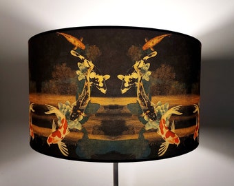 Koi on Black and Gold Large Drum Lampshade (45cm) by Lily Greenwood - Table Lamp/Floor Lamp/Standard Lamp/Ceiling Light - Fish - Garden