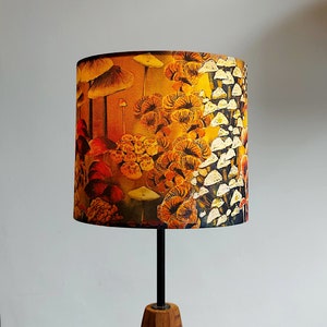 Mushrooms and Fungi Small Drum Lampshade (20cm) by Lily Greenwood - For Table Lamp or Ceiling - Autumnal - Nature - Retro