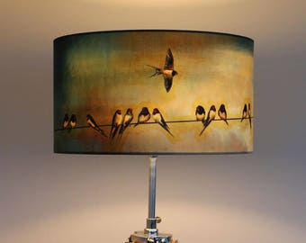 Swallows Drum Lampshade by Lily Greenwood, Bird Art - Large