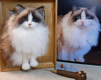 Custom Needle Felted Cat Portrait: 3D Wool Pet Memorial Frame, Handmade Wool figurine