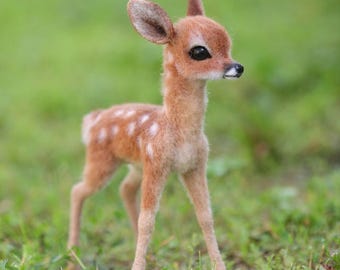 Needle Felted Fawn Figurine, Miniature Wool Deer, Woodland Nursery Decor
