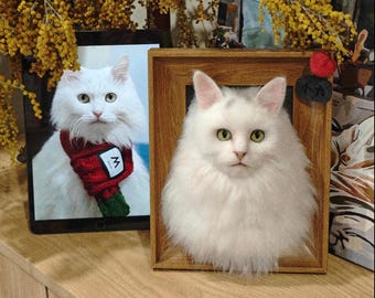 Custom Needle Felted Cat Portrait: 3D Wool Pet Memorial Frame