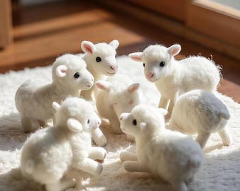 May include: A group of seven small, white toy lambs with fluffy wool-like textures. The lambs are arranged on a white, textured surface, with some standing and others in a seated position. The scene is lit by natural light, creating soft shadows.
