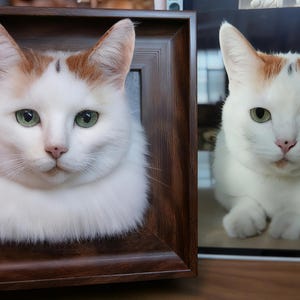 Op de afbeelding: Twee witte katten met oranje aftekeningen. Eén kat is ingelijst in een donkerhouten lijst, de andere in een doorzichtige doos. Beide katten hebben groene ogen en kijken naar voren.